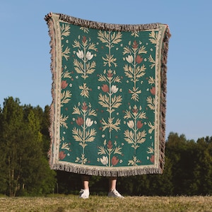 Green Floral Blanket Woven Throw, Sage Green Botanical Throw Blanket, Cottagecore Folk Art Farmhouse Couch Throw