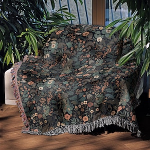 Dark Floral Blanket Woven Throw, Autumn Botanical Design, Cozy Fall Decor, Vintage Garden Style image 10