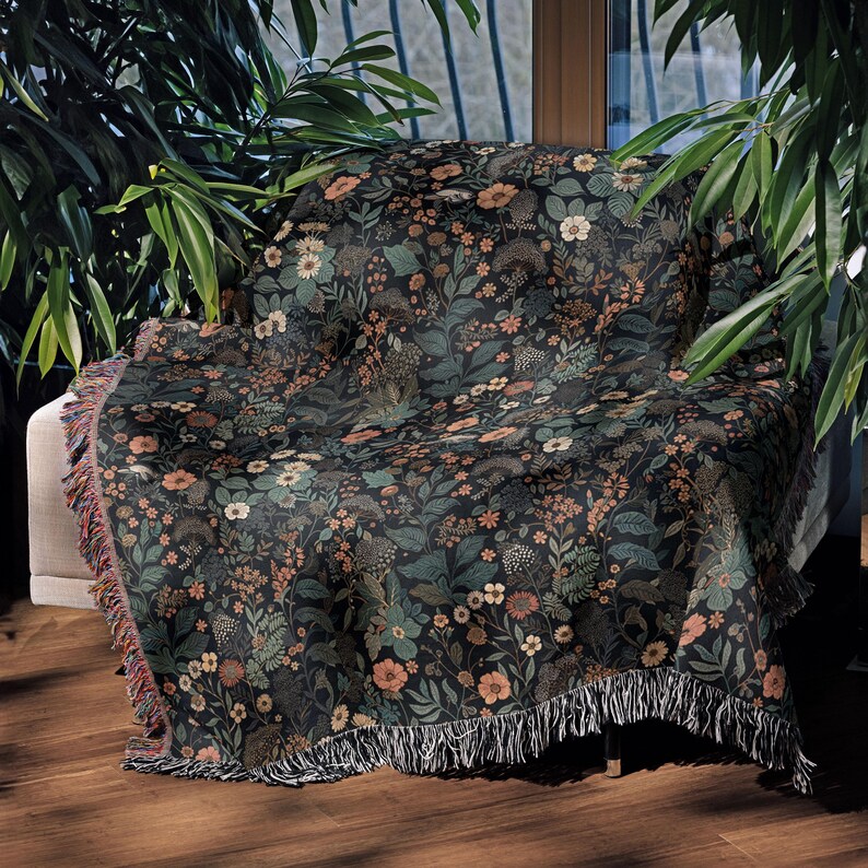 Dark Floral Blanket Woven Throw, Autumn Botanical Design, Cozy Fall Decor, Vintage Garden Style image 10