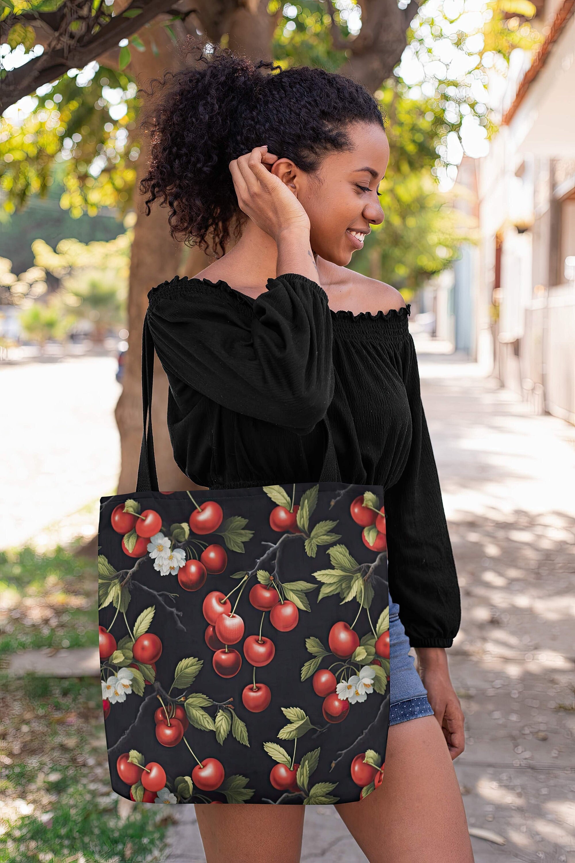 週末値下げ　HLT Cherry Tote Bag - espresso Cherry Tote Bag – Oversized Farmers Market & Library Carry