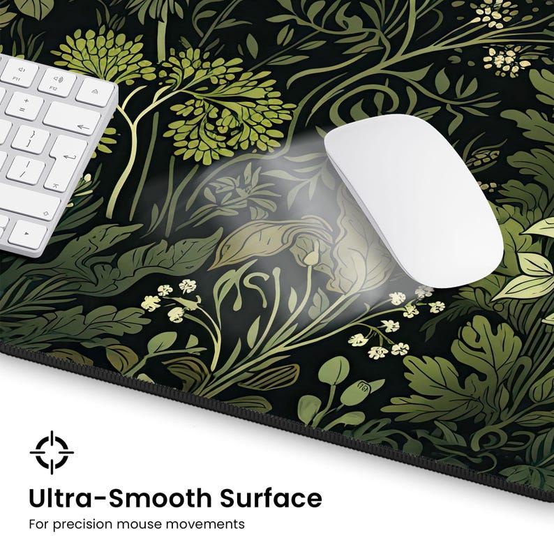 Botanical Art Nouveau Desk Mat - Sage Green Floral And Plant Detailed Design - Ideal Cute Office Decor & Extended Keyboard Mat image 10