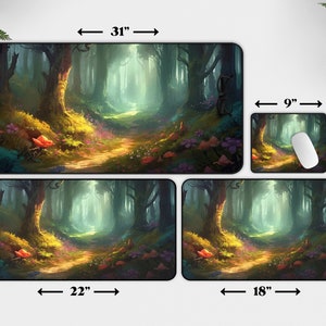 May include: Four different sizes of mouse pads featuring a digital illustration of a path through a forest with a sunbeam shining through the trees. The largest mouse pad is 31 inches by 15.5 inches, the next largest is 22 inches by 12 inches, the next is 18 inches by 12 inches, and the smallest is 9 inches by 7 inches.