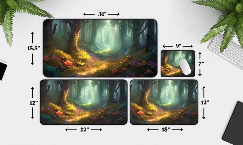 May include: Four different sizes of mouse pads featuring a digital illustration of a path through a forest with a sunbeam shining through the trees. The largest mouse pad is 31 inches by 15.5 inches, the next largest is 22 inches by 12 inches, the next is 18 inches by 12 inches, and the smallest is 9 inches by 7 inches.