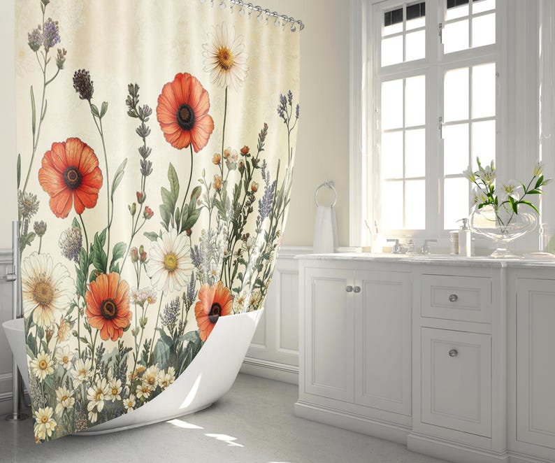 Wildflower Shower Curtain: Vintage Cottagecore Style for a Rustic Farmhouse Bathroom image 4