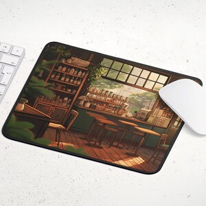May include: A digital illustration of a cafe interior with a large window, wooden tables and chairs, and shelves stocked with jars and bottles. The cafe is bathed in warm sunlight.