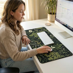 Botanical Art Nouveau Desk Mat - Sage Green Floral And Plant Detailed Design - Ideal Cute Office Decor & Extended Keyboard Mat image 2