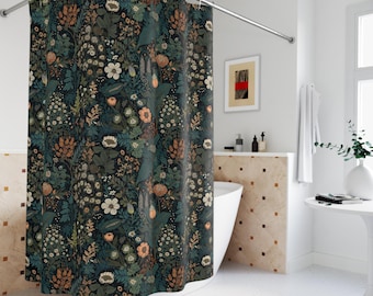Cottagecore Floral Shower Curtains - Botanical Shower with Dark Floral Art Deco, Bohemian Bath and Vintage Floral Bathroom Decor, Botanical