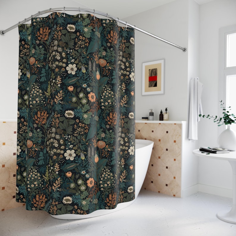 Cottagecore Floral Shower Curtains - Botanical Shower with Dark Floral Art Deco, Bohemian Bath and Vintage Floral Bathroom Decor, Botanical image 1