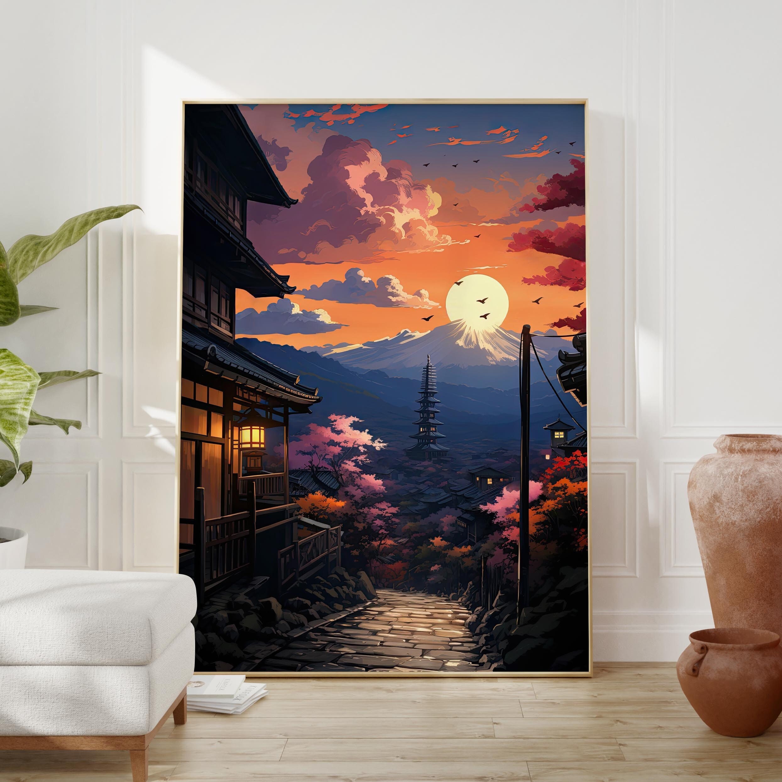 Japanese Town Sunset Art Print: Kyoto Mountain Vista Poster - Etsy