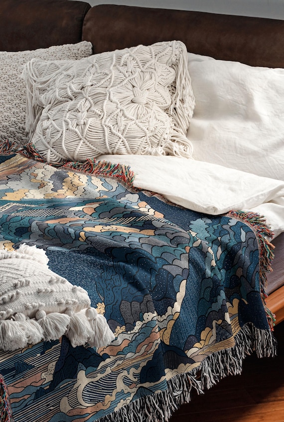 Lighthouse Blanket: Coastal Woven Throw (starry Night, Blue Gold