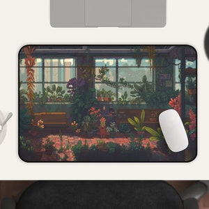 May include: A colorful mousepad featuring a digital illustration of a room filled with plants and windows. The room has a wooden floor and a wooden bench. The mousepad is rectangular and has a black border.