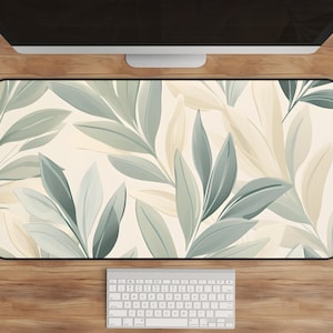 Botanical Desk Mat - Boho Green Leaf Design, Large Mouse Pad, Calming Workspace Decor, Nature Mousepad, Minimalist Desk Pad
