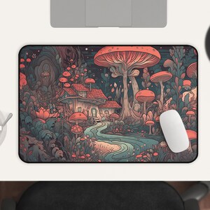 May include: A whimsical illustration of a small house nestled in a forest of giant mushrooms. The house has a red roof and white walls, and the mushrooms are a vibrant red and orange. The scene is set against a dark blue background, creating a magical and enchanting atmosphere.