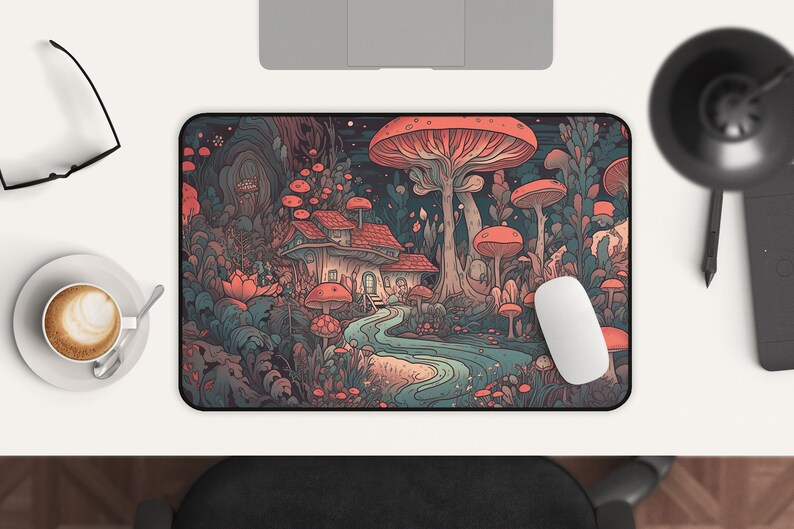 May include: A whimsical illustration of a small house nestled in a forest of giant mushrooms. The house has a red roof and white walls, and the mushrooms are a vibrant red and orange. The scene is set against a dark blue background, creating a magical and enchanting atmosphere.