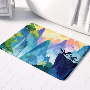 Dragon Bath Mat, Fantasy Landscape with Mythical Creatures, RPG Bathroom Decor, Magical Gaming Rug, Nerdy Housewarming Gift