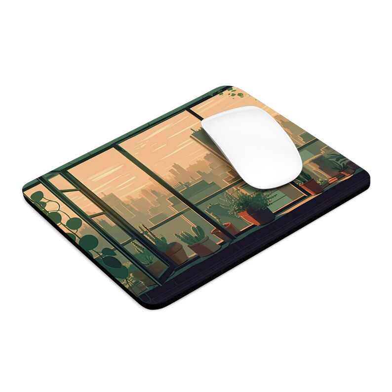 May include: A green and brown mouse pad with a city skyline view from a window and potted plants. A white computer mouse is on the pad.