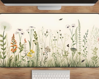 Cottagecore Floral Desk Mat - Wildflowers & Insects, Ethereal Nature Design, Extended Mousepad, Vintage Aesthetic, Gaming Decor