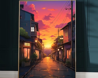 Lofi Anime Poster: Quiet Tokyo Street Sunset Art Print