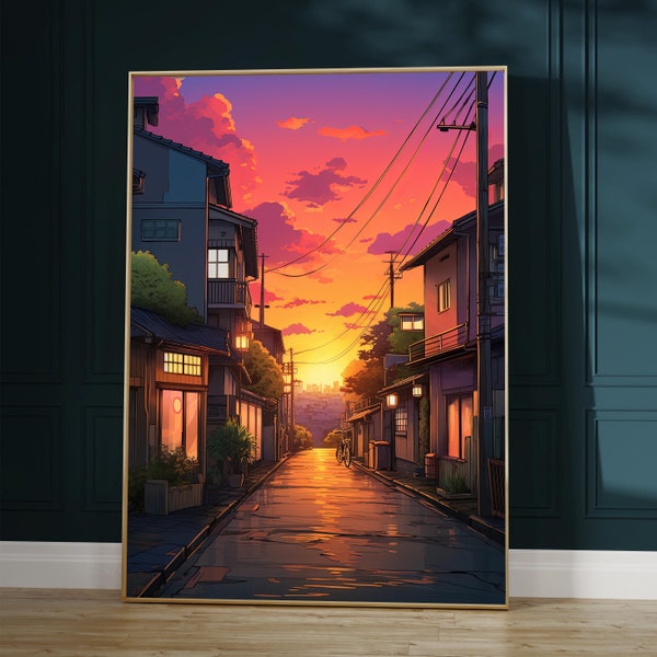 Lofi Anime Poster of Quiet Tokyo Street at Sunset - Japan Poster for Aesthetic Enthusiasts - Cool Posters for Room Decor