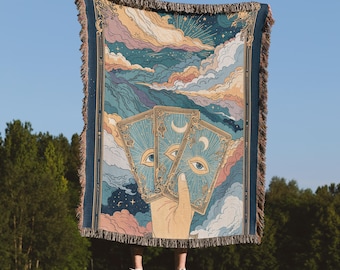 Tarot Woven Throw Blanket, Mystical Cosmic Fringe Blanket, Boho Witchy Decor