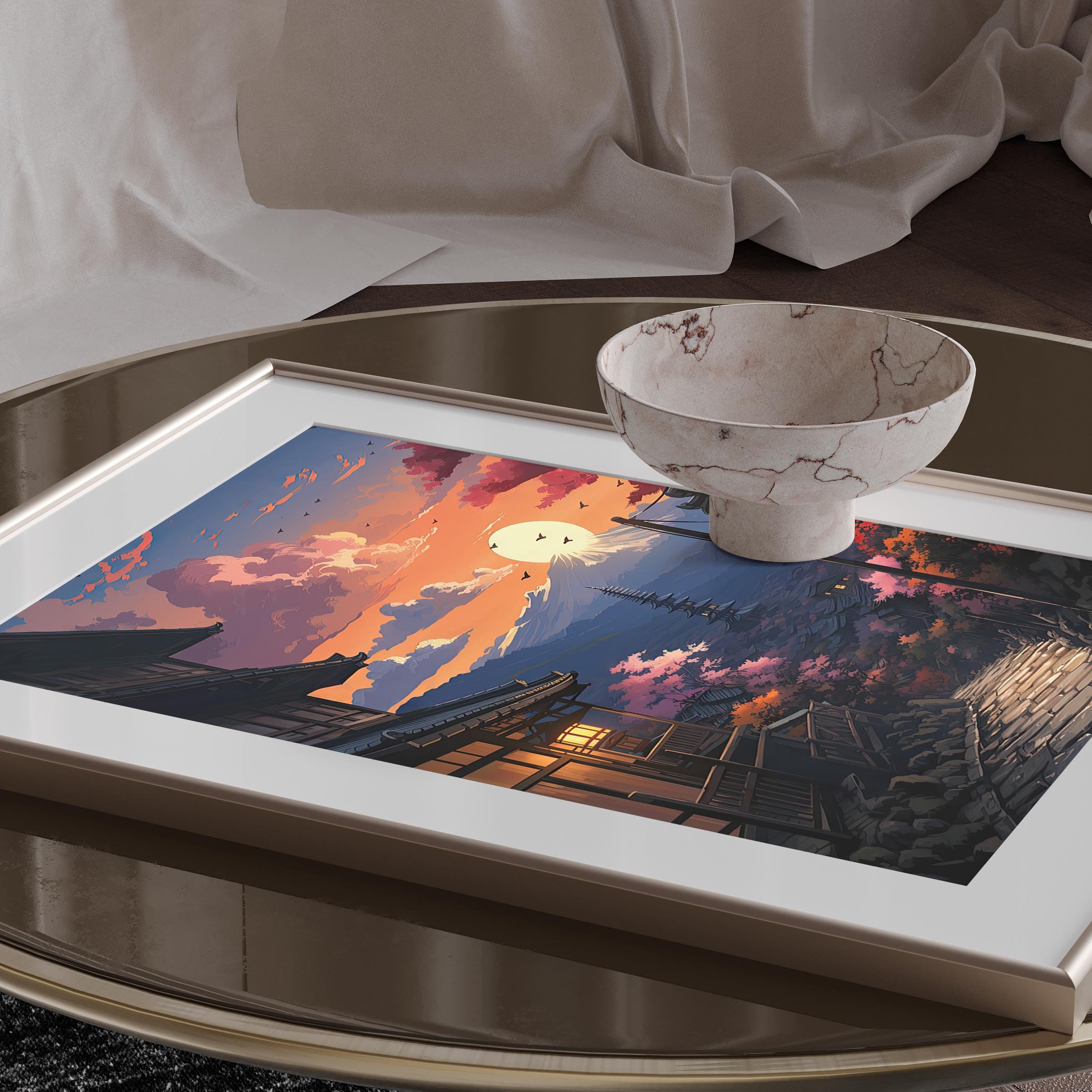 Japanese Town Sunset Art Print: Kyoto Mountain Vista Poster - Etsy