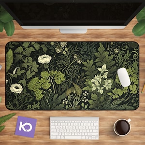 Botanical Art Nouveau Desk Mat - Sage Green Floral And Plant Detailed Design - Ideal Cute Office Decor & Extended Keyboard Mat