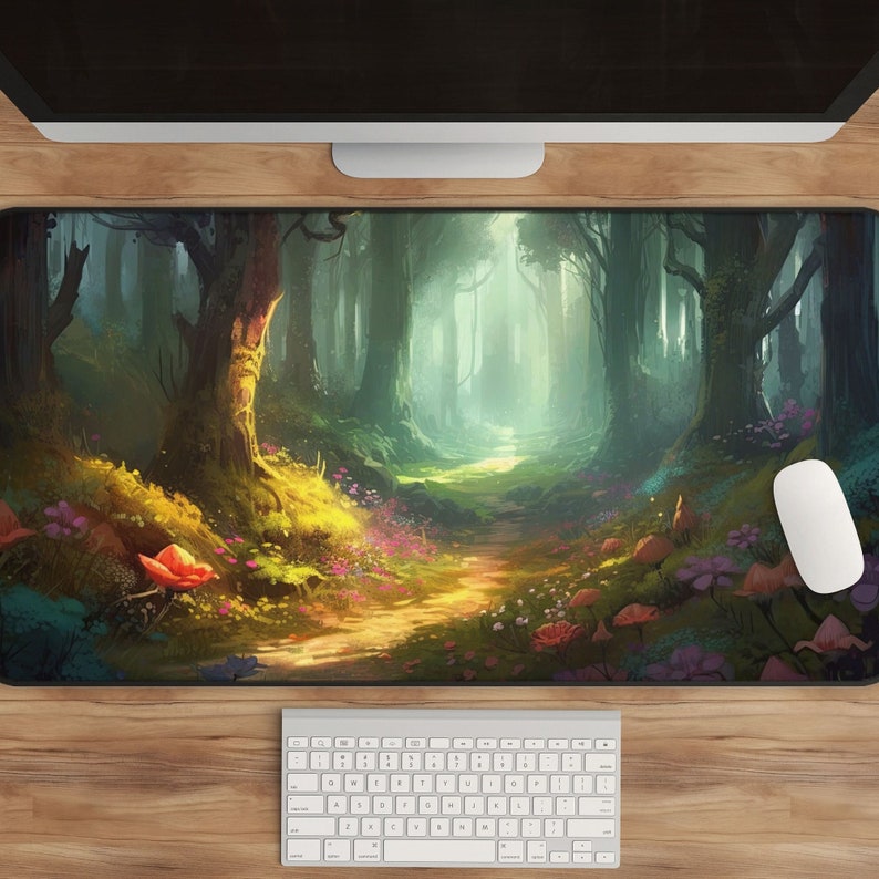 May include: A digital illustration of a magical forest path with a soft, golden light shining through the trees. The path is lined with colorful flowers and mushrooms, creating a whimsical and enchanting scene.