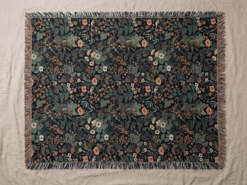 Dark Floral Blanket Woven Throw, Autumn Botanical Design, Cozy Fall Decor, Vintage Garden Style image 17