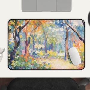 May include: A colorful abstract painting of a forest scene with trees, foliage, and a path. The painting is done in a style reminiscent of impressionism, with loose brushstrokes and vibrant colors.