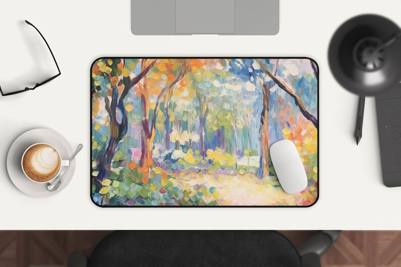 May include: A colorful abstract painting of a forest scene with trees, foliage, and a path. The painting is done in a style reminiscent of impressionism, with loose brushstrokes and vibrant colors.