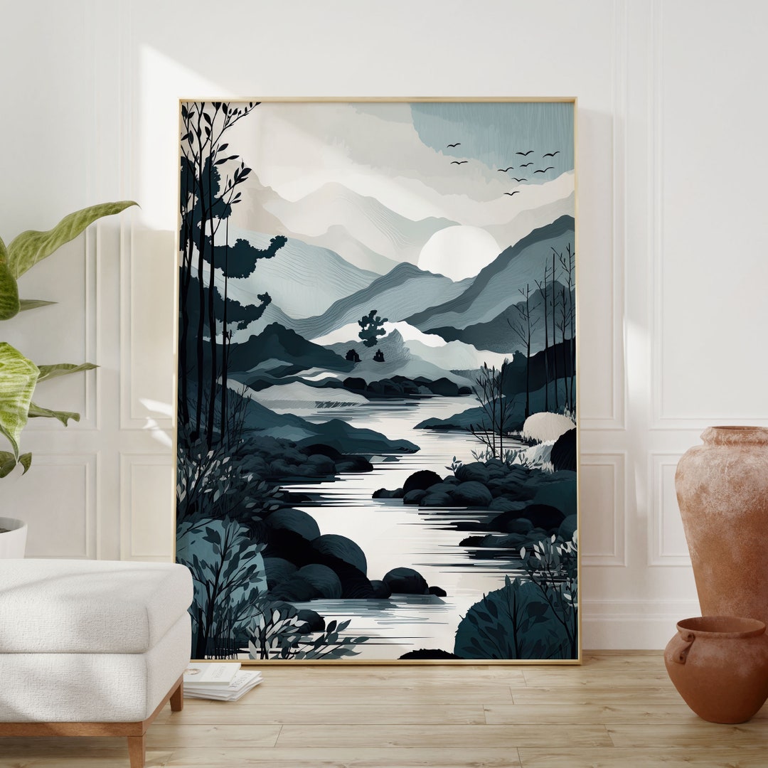 Japandi Mountain Lake Poster: Teal Zen Nature Wall Art - Etsy