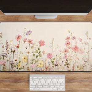 Pressed Flower Desk Mat, Aesthetic Mouse Pad, Cute Desk Accessories, Trendy Workspace Decor, Girly Desk Pad, Pastel Floral Mousepad