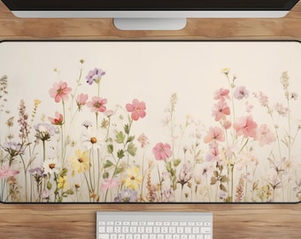 Pastel Pressed Flower Desk Mat, Cottagecore Floral Mousepad, Cute Botanical Desk Pad