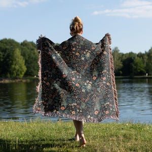 Dark Floral Blanket Woven Throw, Autumn Botanical Design, Cozy Fall Decor, Vintage Garden Style image 14