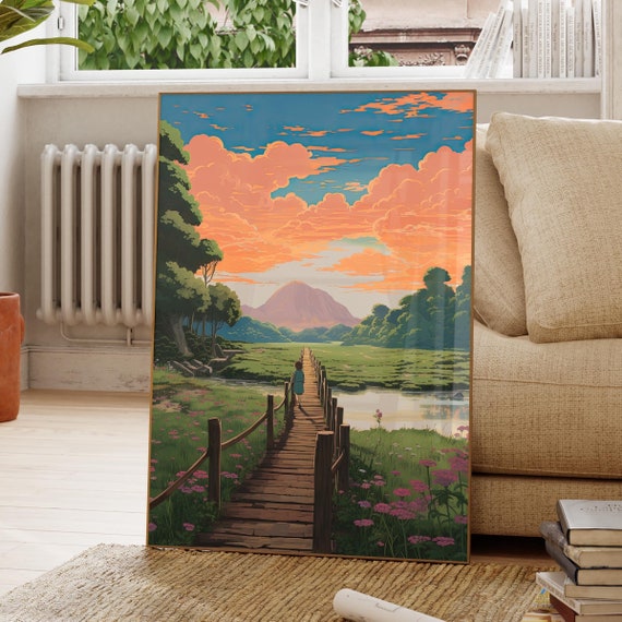 Anime Wall Art Print: Wooden Pathway Sunset - Dorm & Teen Room Decor