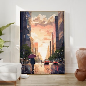 Póster de anime lofi: vibrante escena callejera de Tokio con puesta de sol, perfecto para los amantes de la decoración estética y del hogar moderno