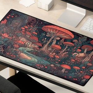 May include: A colorful mousepad with a whimsical design featuring a small house, mushrooms, and a winding path. The background is a dark blue with hints of green and red.