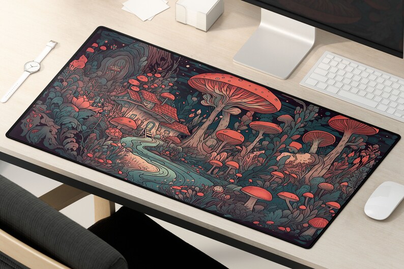 May include: A colorful mousepad with a whimsical design featuring a small house, mushrooms, and a winding path. The background is a dark blue with hints of green and red.