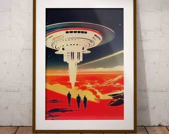 May include: A framed illustration of a futuristic space station hovering over a red and orange landscape. Three figures in black silhouettes walk towards the station.