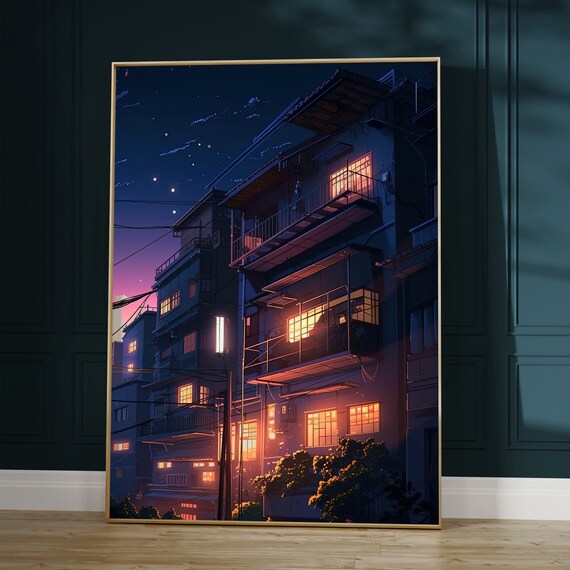 Lofi Anime Cityscape Poster: AI Generated Urban Balcony Art
