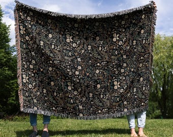 Black Botanical Woven Blanket, Vintage Floral Pattern, Moody Nature Art, Elegant Earth Tones Throw