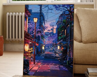 Anime Street Poster, Sunset Sakura Alleyway Art, Japanese Wall Art