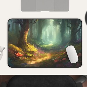 May include: A colorful mousepad featuring a digital painting of a forest path with a soft, glowing light at the end. The path is lined with trees and flowers, creating a whimsical and magical scene.
