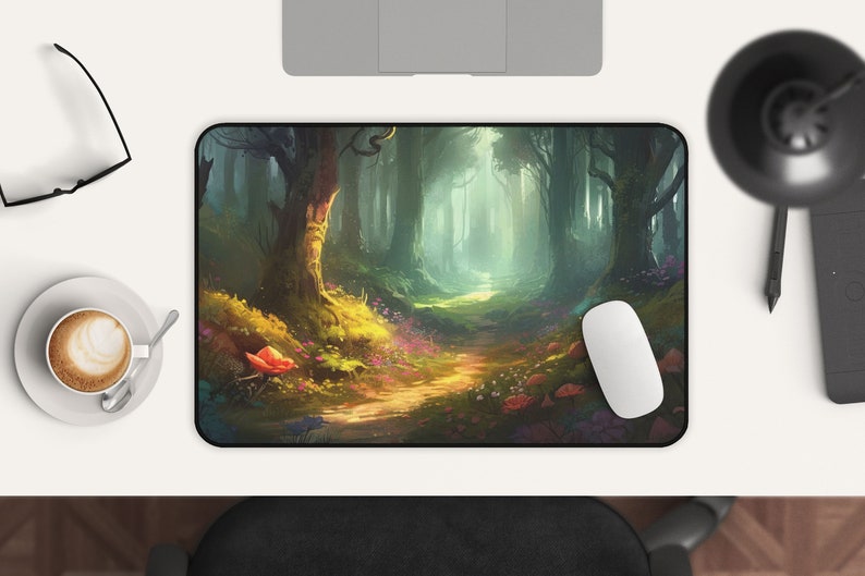 May include: A colorful mousepad featuring a digital painting of a forest path with a soft, glowing light at the end. The path is lined with trees and flowers, creating a whimsical and magical scene.