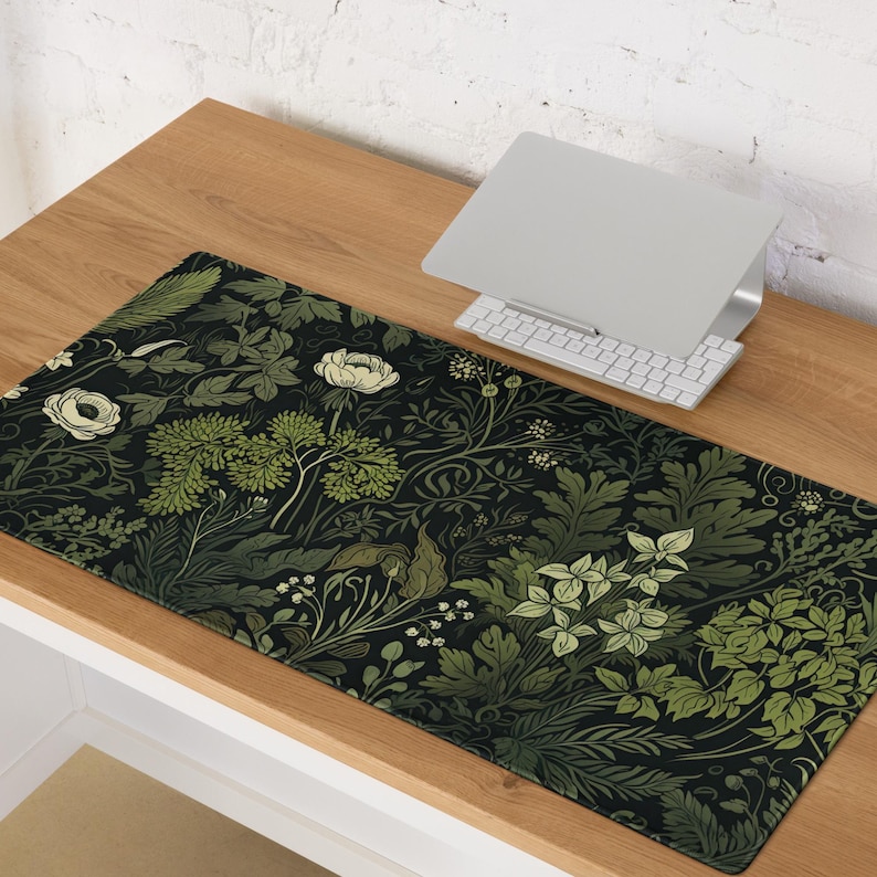 Botanical Art Nouveau Desk Mat - Sage Green Floral And Plant Detailed Design - Ideal Cute Office Decor & Extended Keyboard Mat image 14