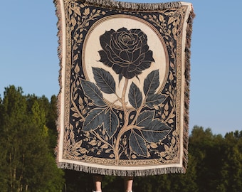 Woven Blanket, Black Rose Gothic Floral Design, Cotton Throw