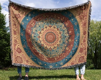 Floral Mandala Woven Blanket, Bohemian Tapestry Throw, Colorful Boho Bedroom Decor