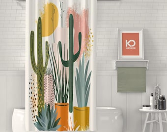 Cactus-douchegordijn | Boho chic badkamerdecor, op de woestijn geïnspireerde sappige print voor trendy badmake-over