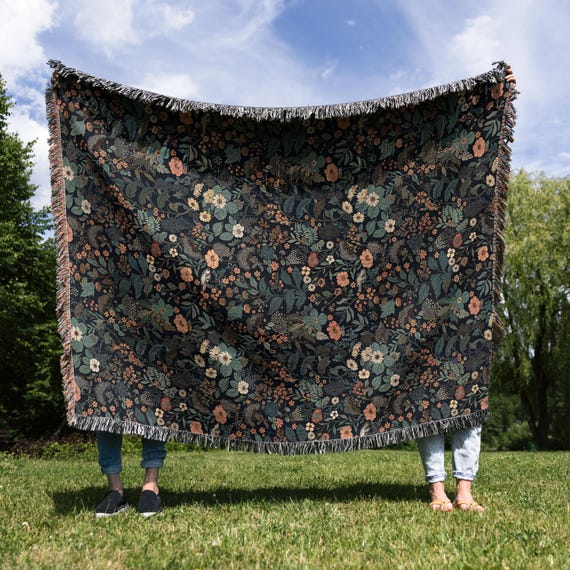 Dark Floral Blanket Woven Throw, Autumn Botanical Design, Cozy Fall Decor, Vintage Garden Style