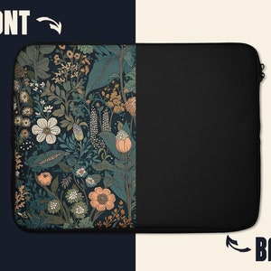 Pode incluir: Uma capa para laptop preta com um padr&atilde;o floral na frente. O padr&atilde;o apresenta uma variedade de flores e folhas em tons de verde, azul, rosa e laranja. A parte de tr&aacute;s da capa &eacute; preta lisa.